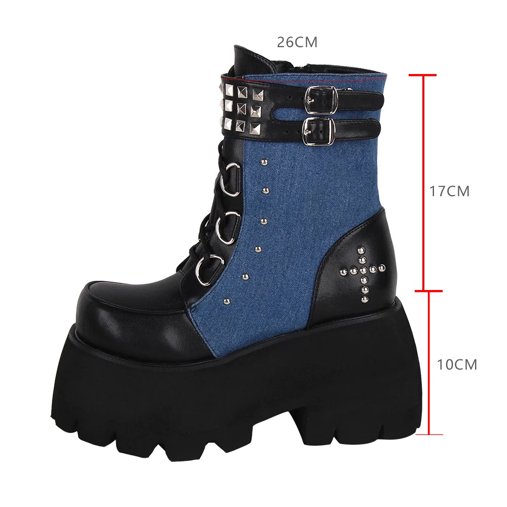 Women’s Gothic Motorcycle Punk Boots - Short Ankle Chunky Sole Shoes in Black and Denim, 10cm Heel