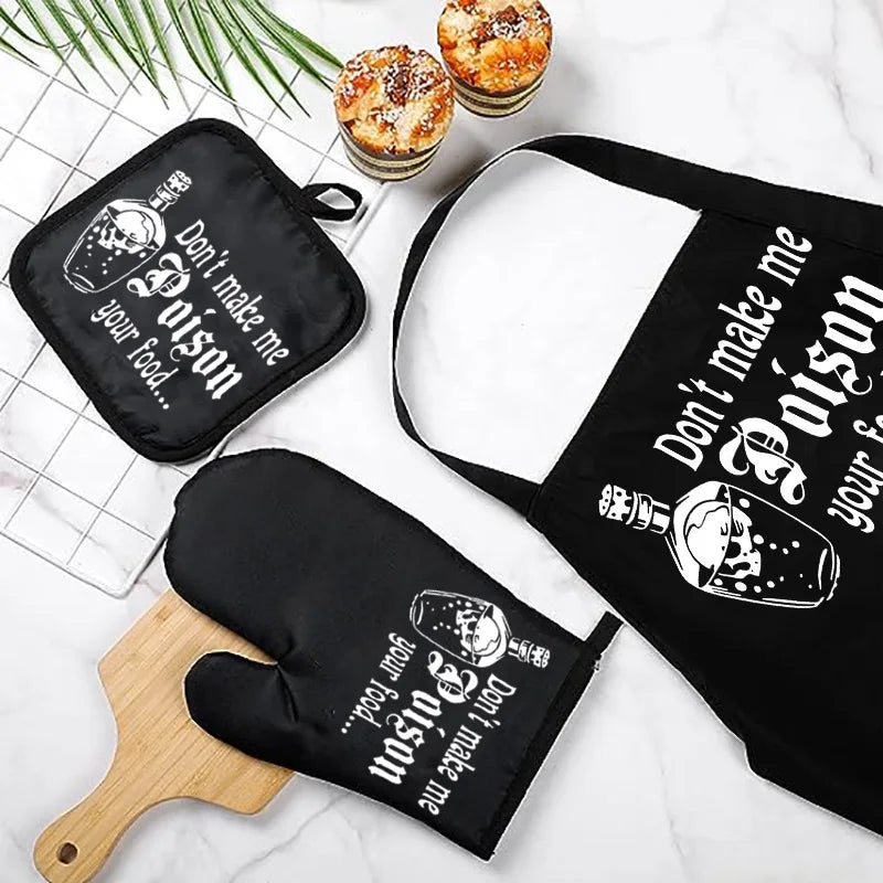 Funny Halloween Oven Mitt & Apron Set – ‘Don’t Make Me Poison the Food’ Fall Kitchen Décor, Hostess Gift, Housewarming for Mom or Wife