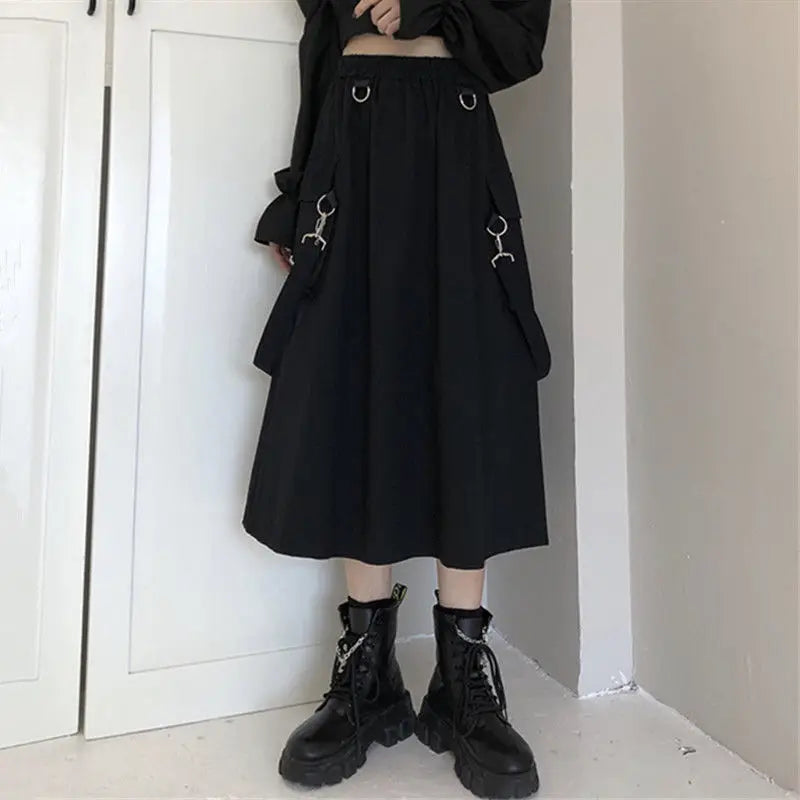 90s Solid Gothic Long Techwear Skirt Women Grunge Punk High Waist Chain Pocket Strap Black Cargo Skirts Goth Harajuku Streetwear