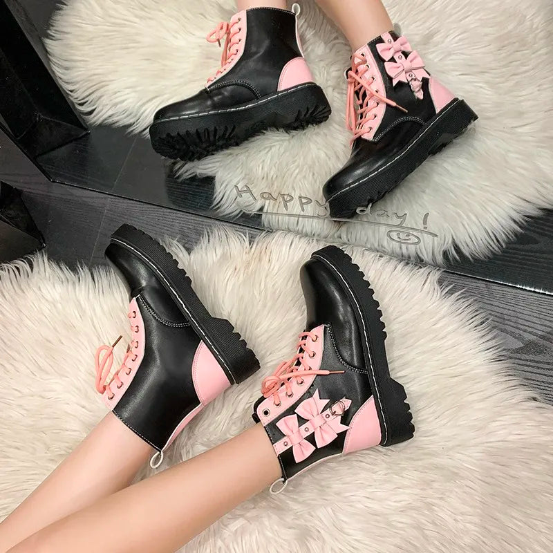 Kawaii Girl Pink Boots - 2023 New High-Top Lace-Up Butterfly Knot Women’s Motorcycle Boots, Fashion Student Platform Shoes