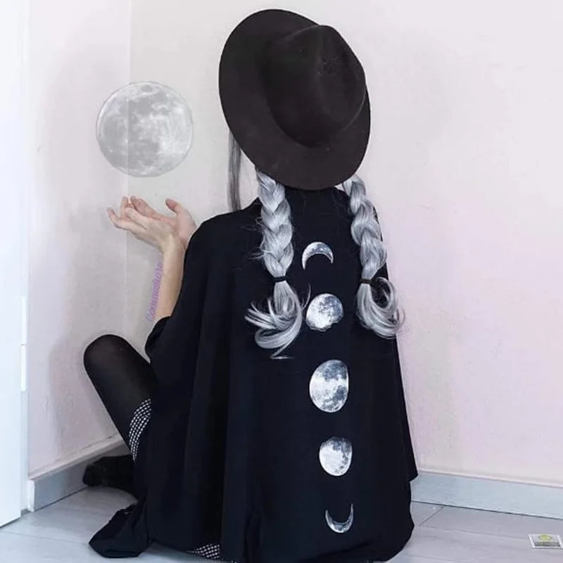 Gothic Black Retro Moon Print Loose Bat Wing Sleeved Cloak Jacket