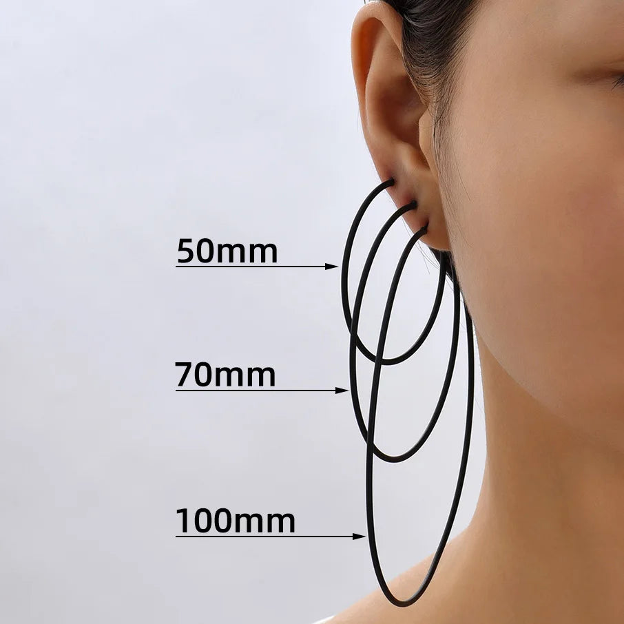 50mm-100mm Oversized Black Circle Hoop Earrings – Punk Exaggerated Large Smooth Round Hoops, Goth Jewelry, Ideal Gift