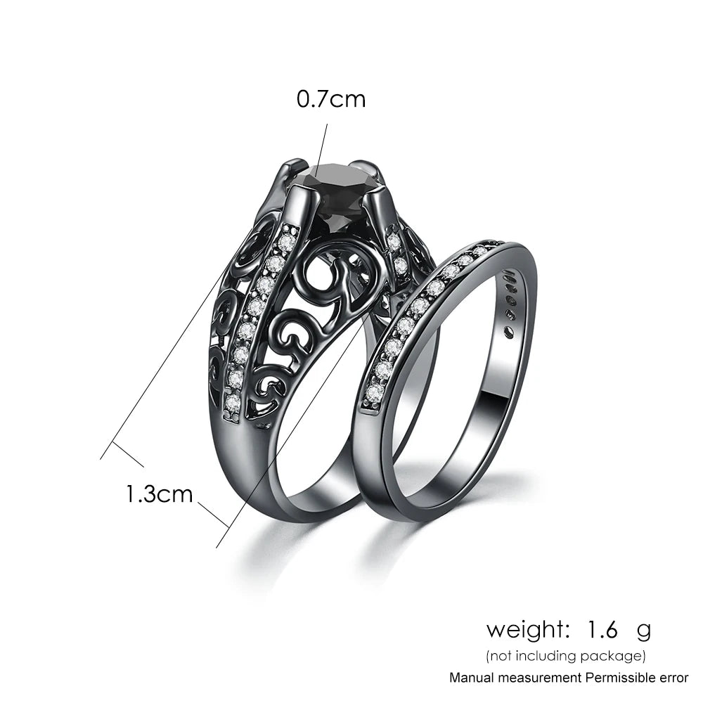 ZHOUYANG Women’s Black Gold Ring Set – 2 Round Hollow Craft with Black Cubic Zirconia Fashion Jewelry