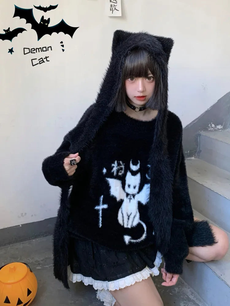 Yangelo New Demon Print Pattern Cute Sweater Autumn Winter Y2K Mall Gothic Dark Pullover Female Fashion Street Warm Tops