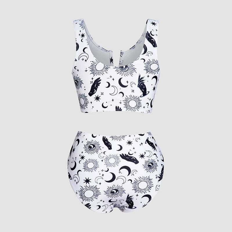 2024 Fashion Bikini Set | Allover Celestial Sun Moon Star Print Tankini Swimsuit | Notched Padded Bowknot Two Piece Bathing Suit