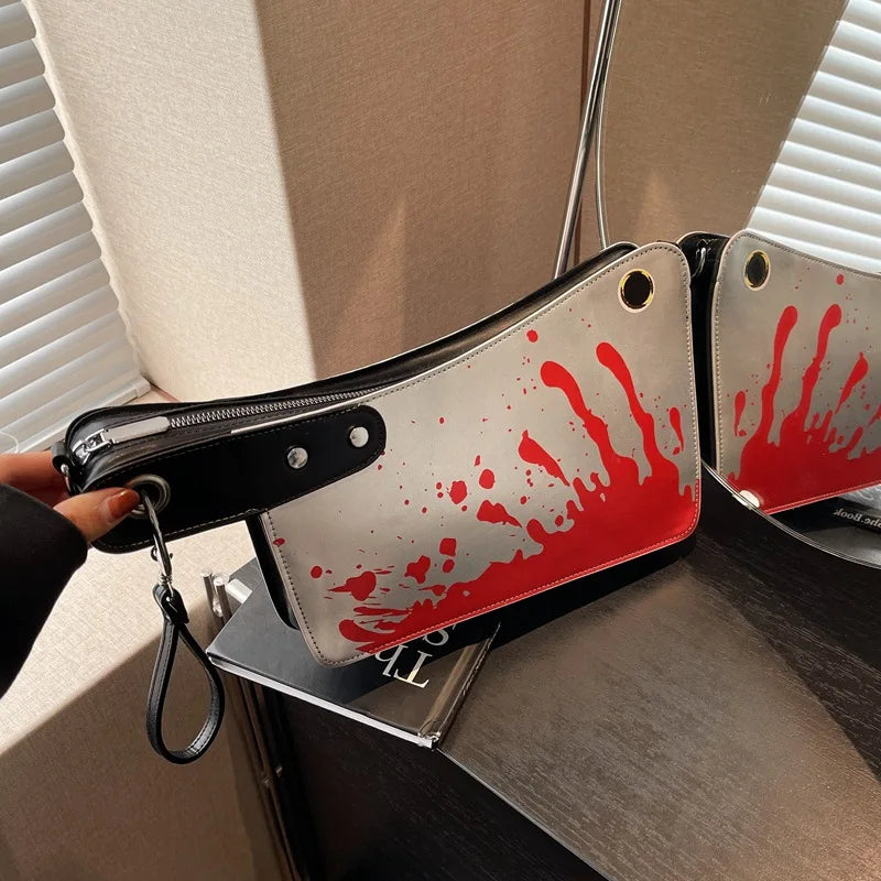 Unique Horror-Inspired Small Leather Handbag for Women - Bloody Knife Shaped Crossbody Shoulder Bag with Top Handle, Fun and Fashionable