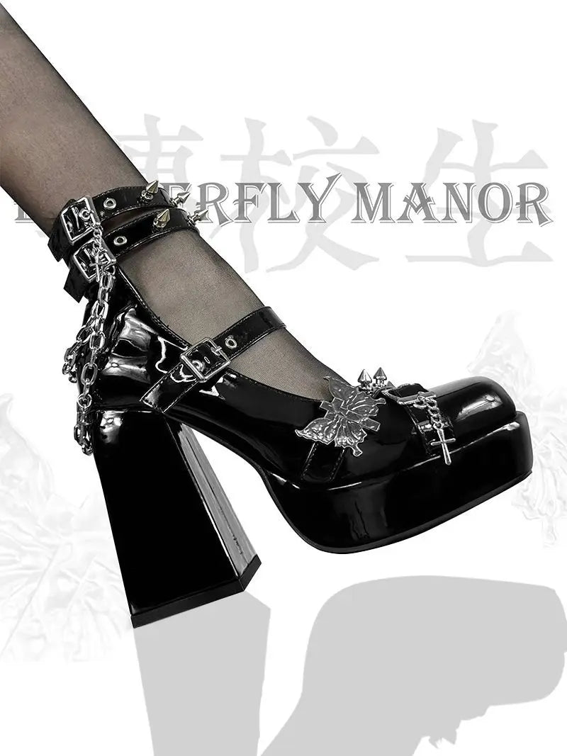 Dark Lolita Y2K Butterfly Heels - Black Thick Sole High Heels with Chain, Spicy Waterproof Shoes