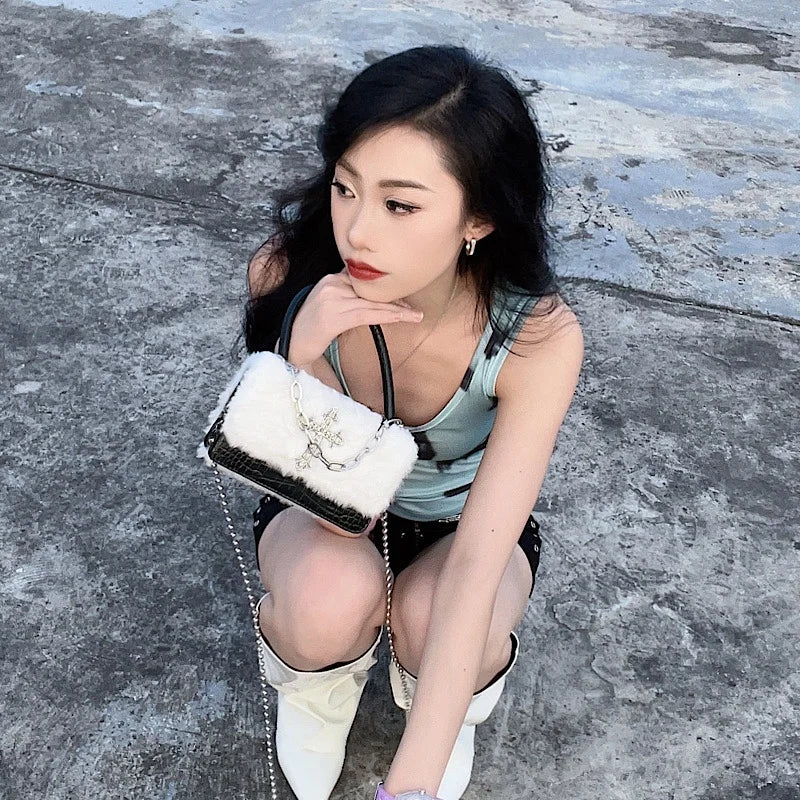 Xiuya Y2k Gothic Handbag for Women Soft Plush Cross  Applique Chain Shoulder Bag Hot Girls Hip Hop  American Style Crossbody Bag