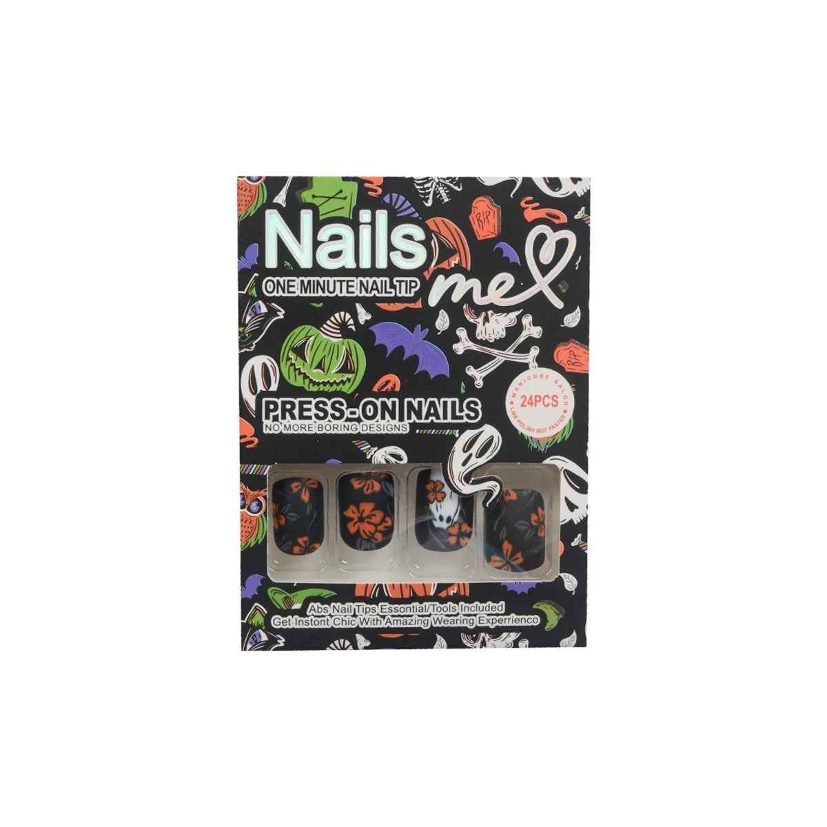 24pcs Short Square Matte Press-On Nails Set – Halloween Dark Forest Floral & Ghostly Elements Fake Nails Kit