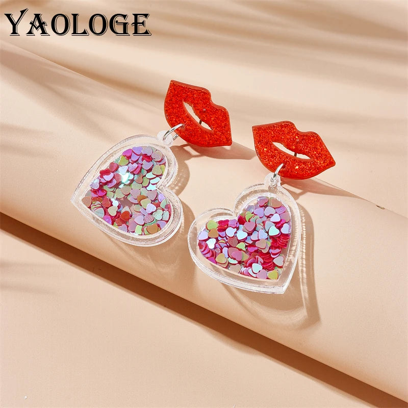 Cartoon Red Lips Heart Love Dangle Earrings - Fashion New Acrylic Jewelry for Women Girl, Valentine's Day Gift Party by YAOLOGE