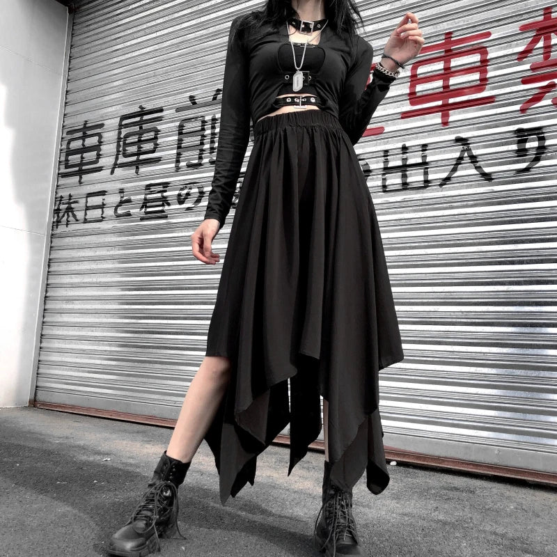 Gothic Black Irregular High Waist Skirt – Dark Punk Harajuku Vintage Mid-Calf Korean Skirt