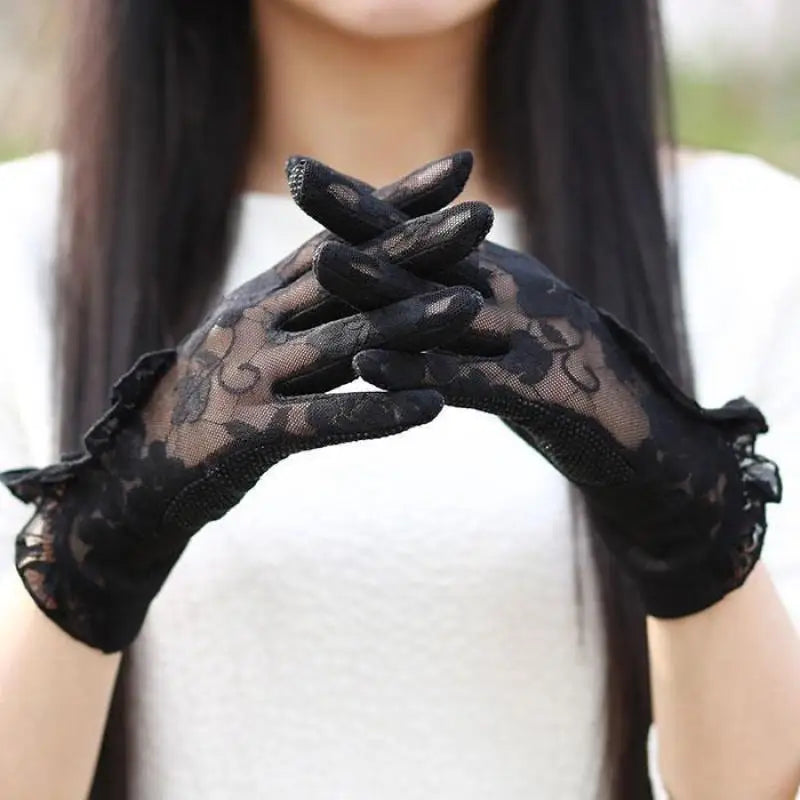 Summer Women Sexy Lace Flower Ruffle Touch Screen Sunscreen Mesh Breathable Transparent Gloves Driving Cycling Anti-Slip