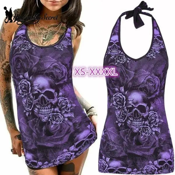 [You're My Secret] Fashion Woman Clothes Spring and Summer Camisole Vest Skull Printing Sexy Halter Sleeveless T-Shirt Tank Top