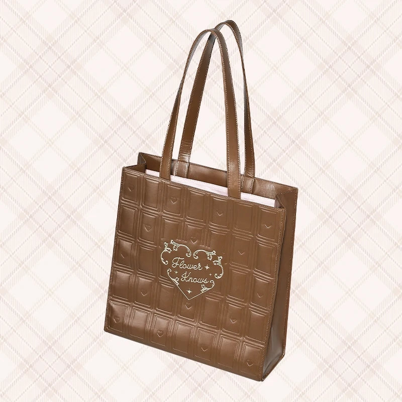 Flower Knows Chocolate Tote Bag PU Leather Solid Color Shoulder PU Leather high-capacity 35.5cm*36cm*13.5cm