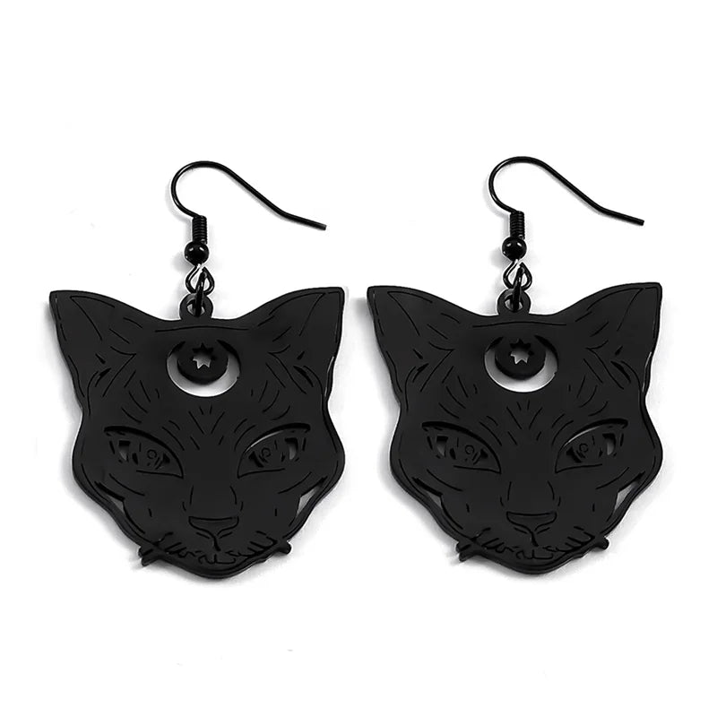 Wicca Goth Witch Cat Dangle Earrings – Stainless Steel Drop Earrings for Women, Witchcraft Kitten Gothic Jewelry