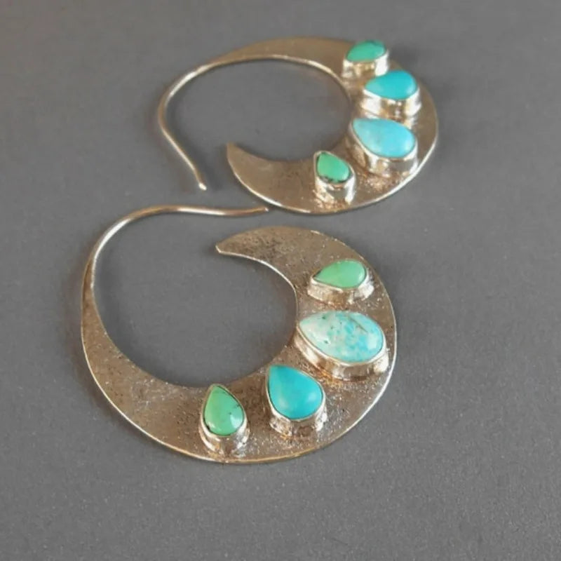 Silver Color Hoop Turquoise Gemstone Earrings Unique Handmade Jewelry