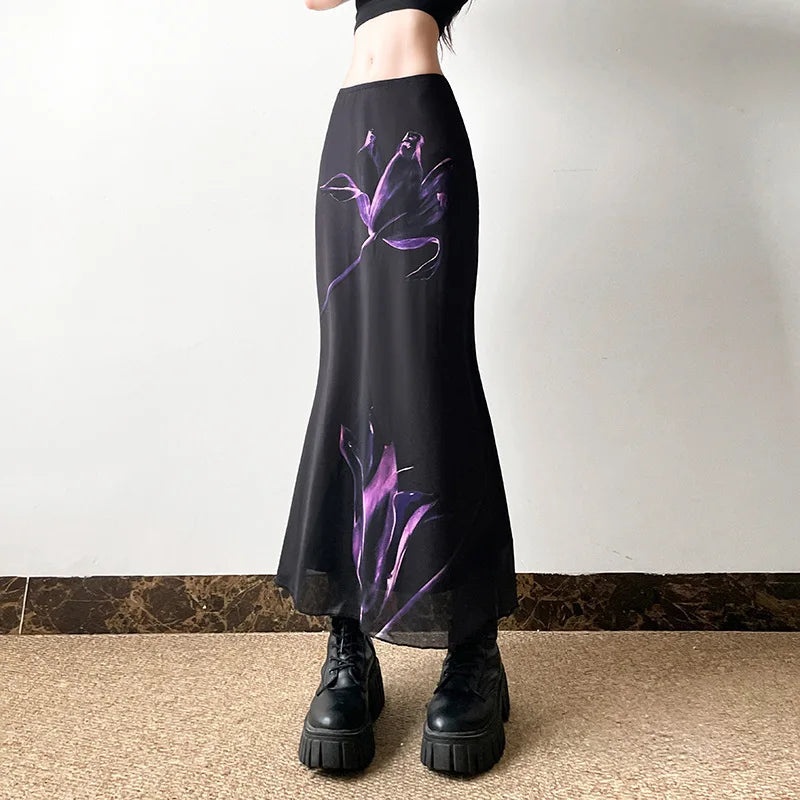 Goth Dark Mesh Double Layered Fishtail Skirt – Fairy Print Y2K Gothic Slim Streetwear for Women