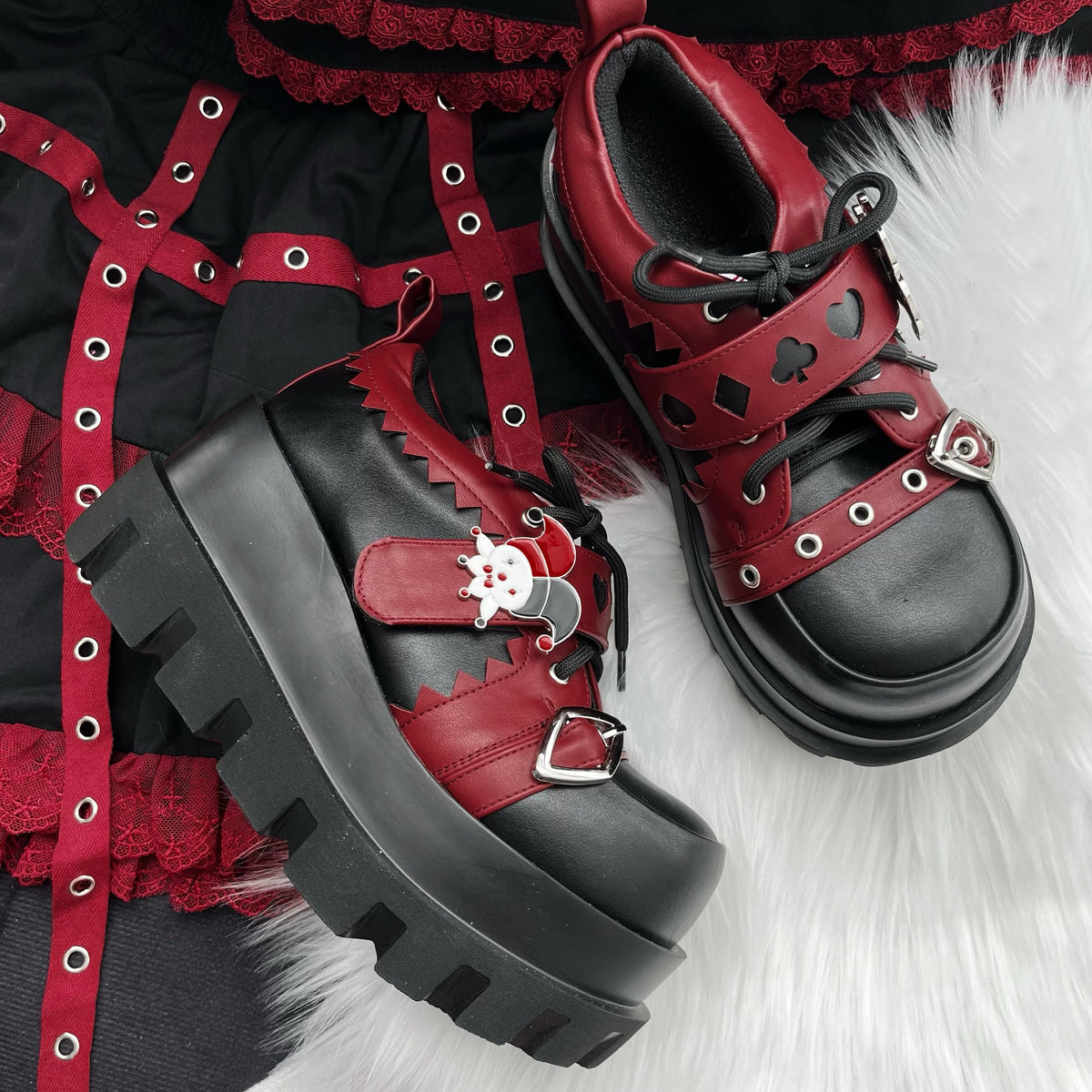 Y2k Subculture Clowns Punk Sneakers Round Toe Platform Thick Bottom Mixed Color Lace-Up Belt Buckle Novelty Fashion Women Shoes