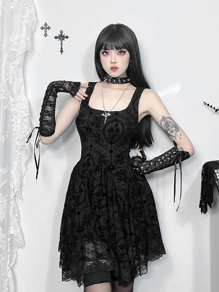 AltGoth Mall Goth A-line Dress – Women’s Aesthetic Fairycore Grunge Streetwear, Y2K Lace Patchwork, High Waist, Irregular Dress