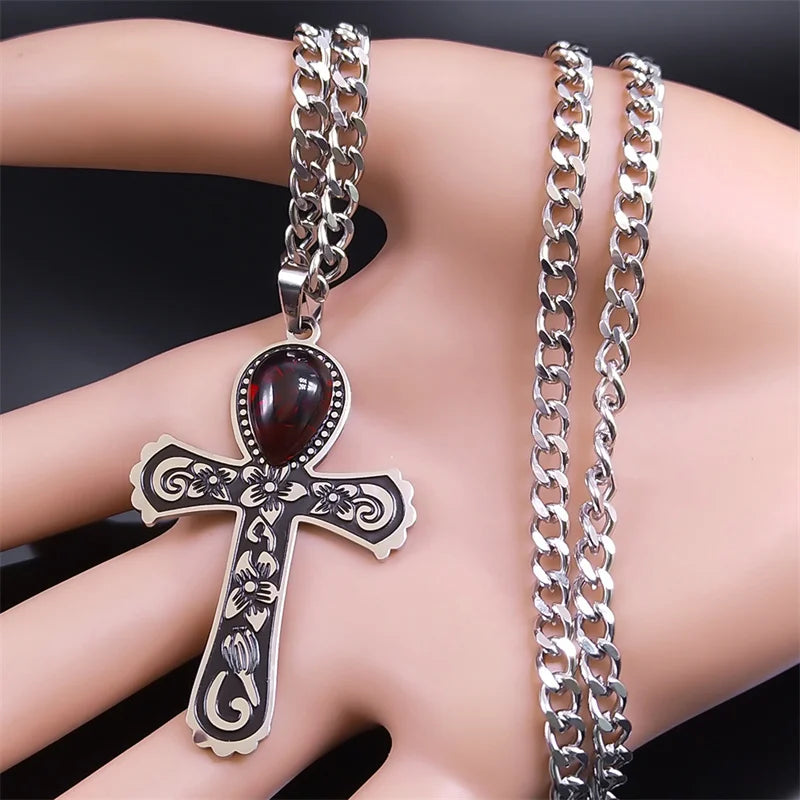 Goth Flower Egyptian Ankh Cross Pendant Necklace - Stainless Steel with Water Drop Red Glass, Jewelry Gift