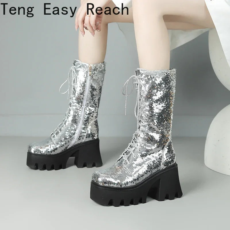 Women’s Lace-up Punk Platform Sequined Ankle Boots