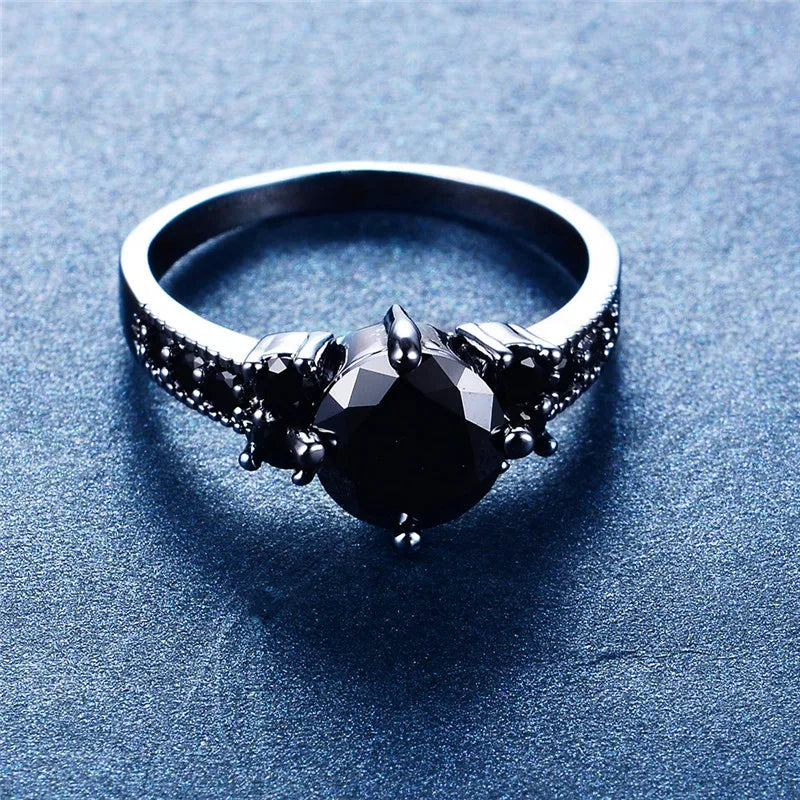 Round Black Zircon Stone Ring for Fashion Wedding Party Engagement Jewelry