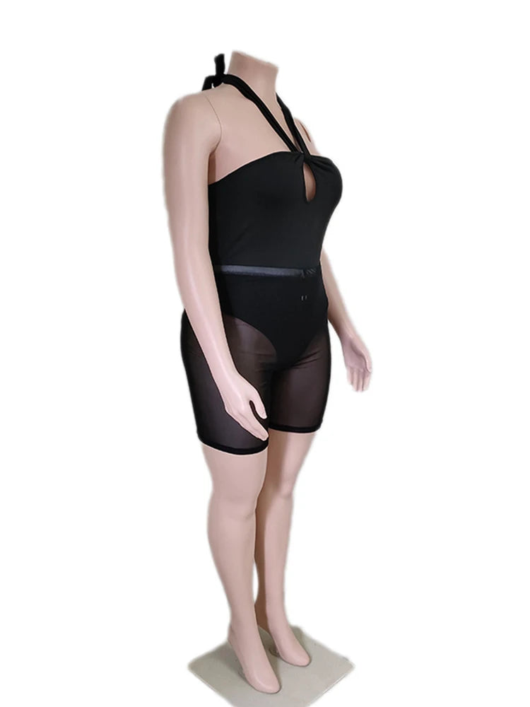 Summer Lingerie Sets for Women – Halter Bodysuit and Shorts, Transparent Plus Size Two-Piece Set