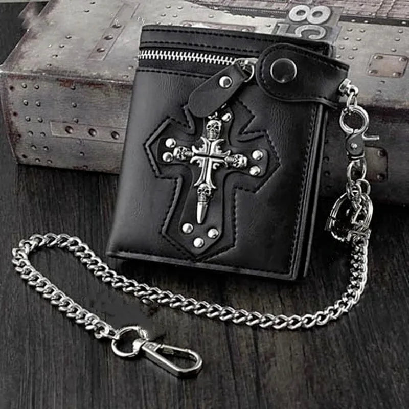 Men's PU Leather Wallet Foldable Rivet Retro Biker Wallet Anti-theft Pants Chain Purse Male Rock Punk Goth Tote Bag Walltes