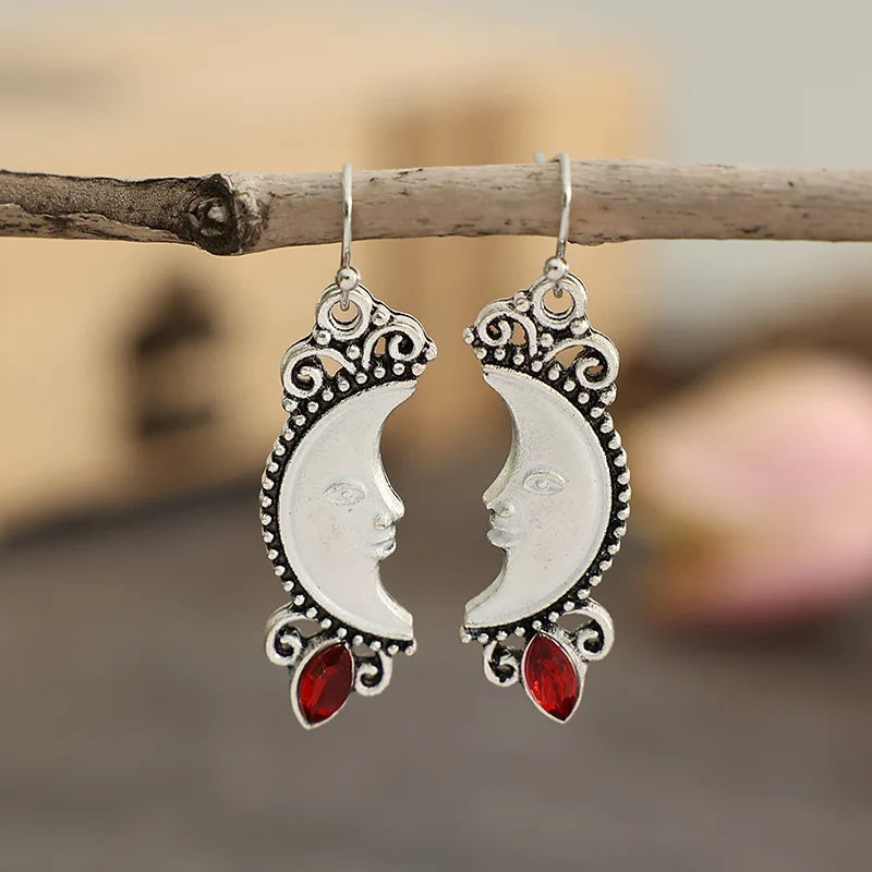 Exquisite Moon Smiling Face Earrings – Retro Fashion with Red Crystal, Trendy Women’s Jewelry