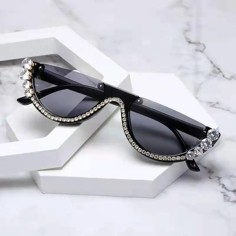 Trendy Rhinestones Cat Eye Sunglasses for Women - Luxury Brand Designer Crystal Metal Frame Rhinestone Eyewear