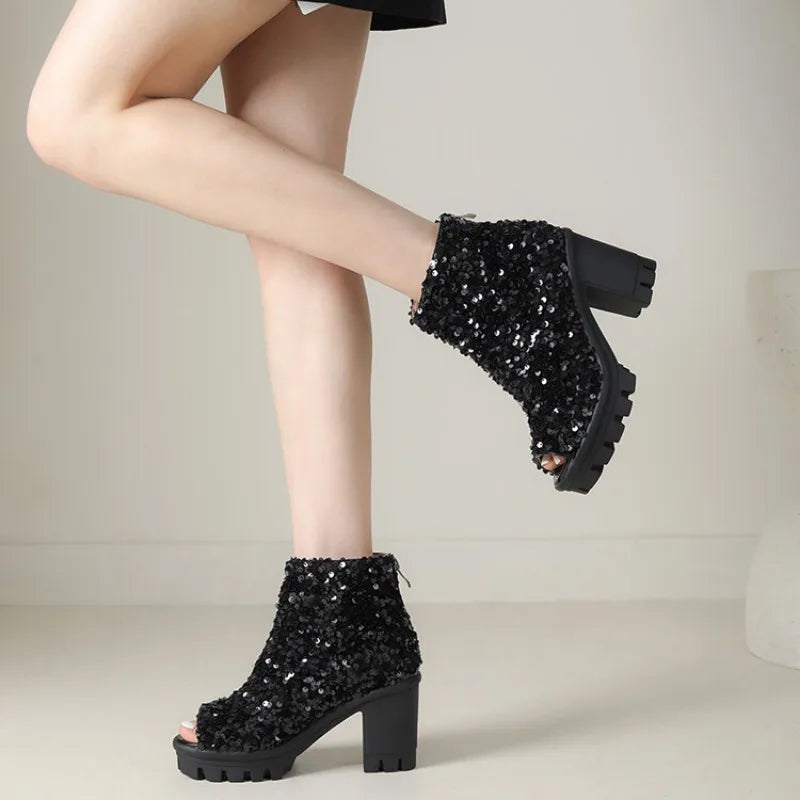 Women’s Sparkly Sequined Boots | Open Toe | Chunky High-Heeled Platform | Goth | Glitter Silver Party Shoes