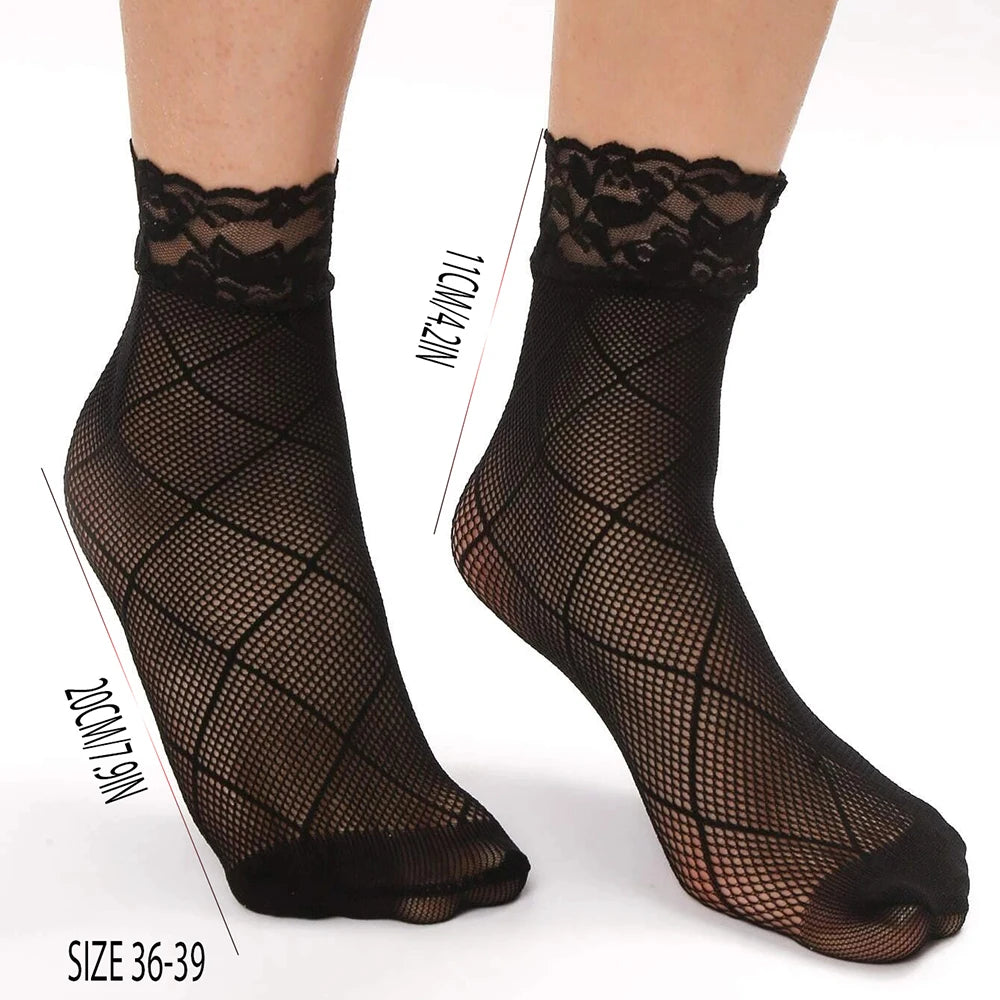 Women's Sexy Summer Fishnet Mesh Ankle Socks – Black Floral Lace Patchwork, Breathable Hollow Nylon Hosiery