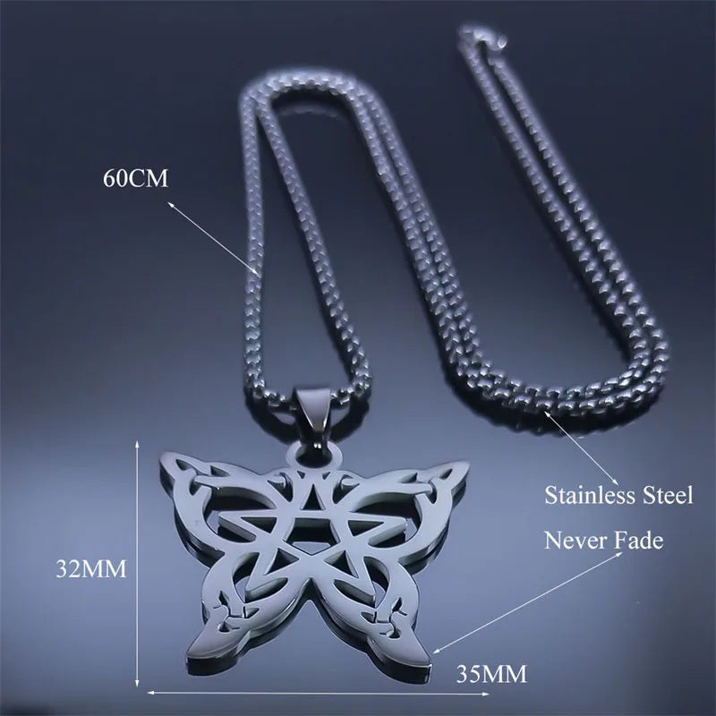 Goth Witchcraft Pentagram Butterfly Pendant Necklace - Stainless Steel Celtic Pentacle Necklaces, Witchy Jewelry