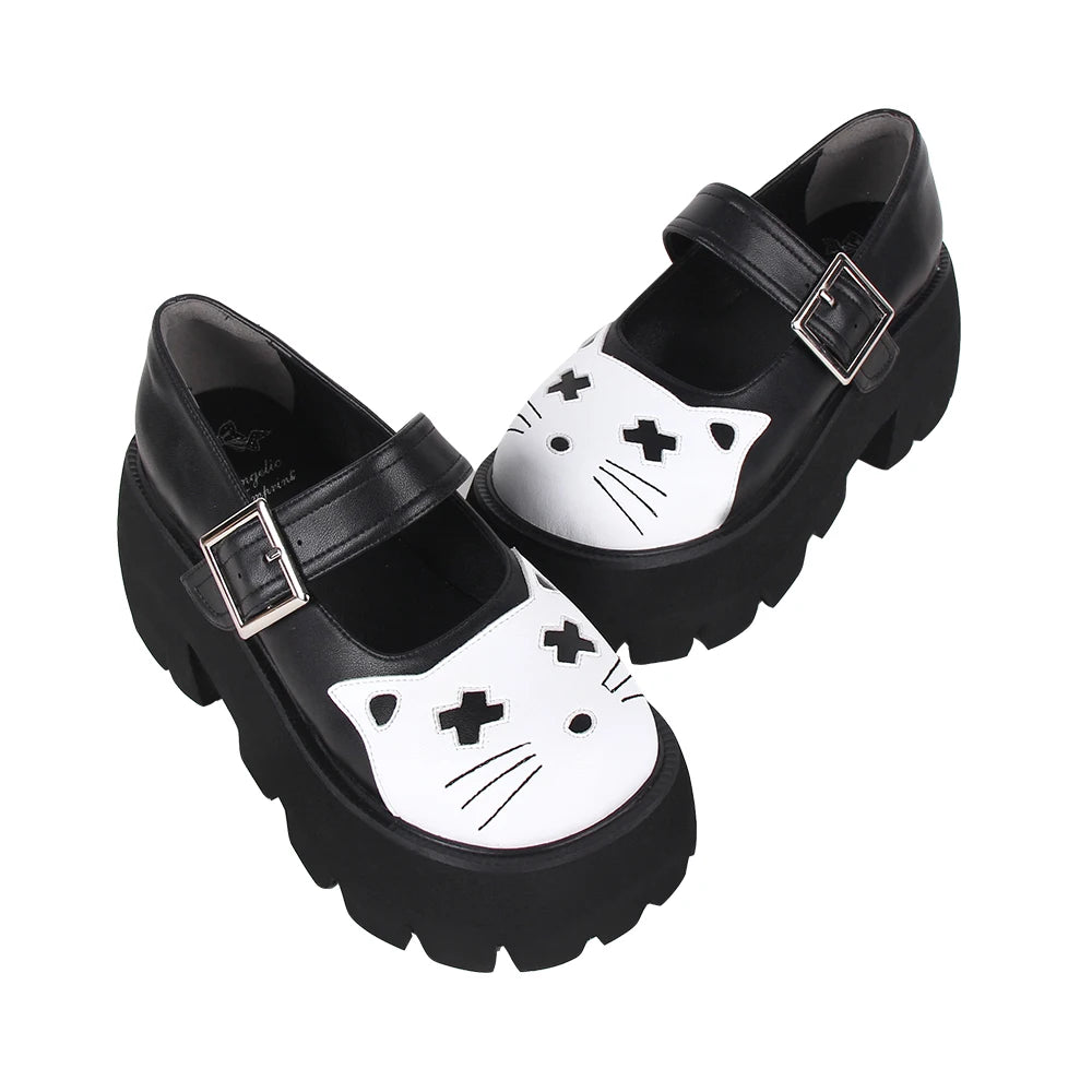 Women’s and Girls’ Lolita Punk Rock Chunky Mary Jane Shoes - 8 cm High Heel with White Cat Toe Accent