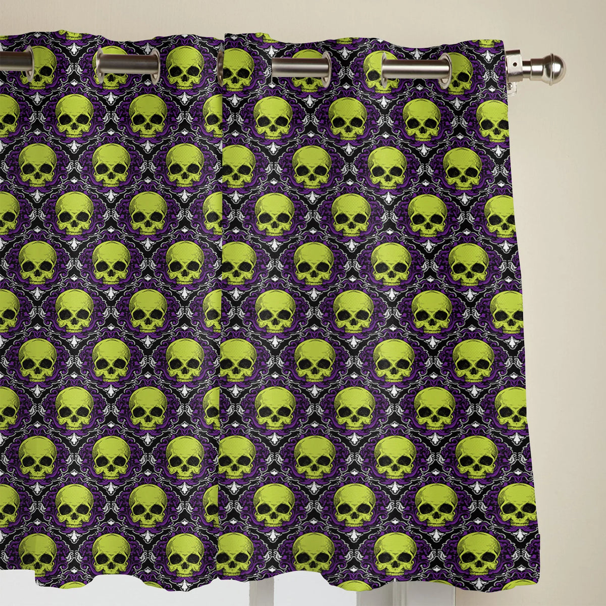 Halloween Purple and Green Textured Skull Window Curtains - Luxury Drapes for Living Room, Bedroom, Coffee, and Kitchen Decor