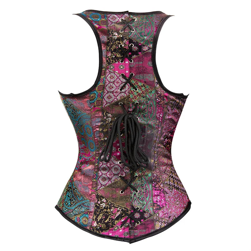 Steel-Boned Underbust Corset – Plus Size Waist Trainer with Straps, Steampunk Design, Gothic Style, Lace-Up Back, and Striped Detail