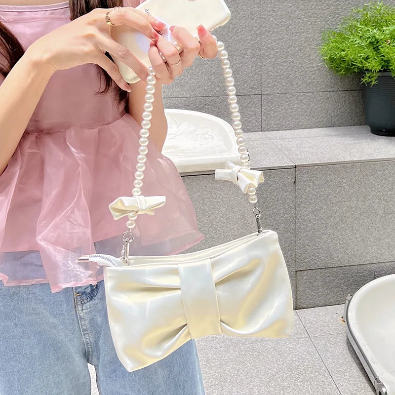 Pearl Bow Underarm Handbag – Summer Fresh Fairy Shoulder Bag for Women, Small One-Shoulder or Handheld Messenger Bag