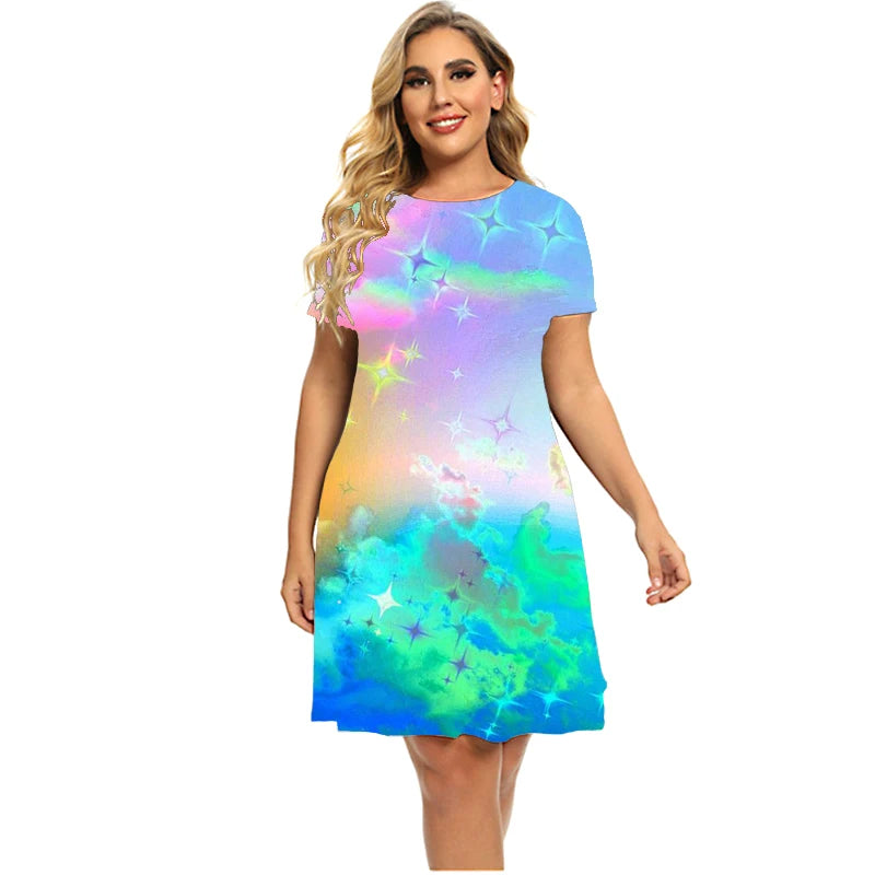 Stars And Moon Gradient Rainbow Women’s Short Sleeve O-Neck A-Line Plus Size T Shirt Dresses