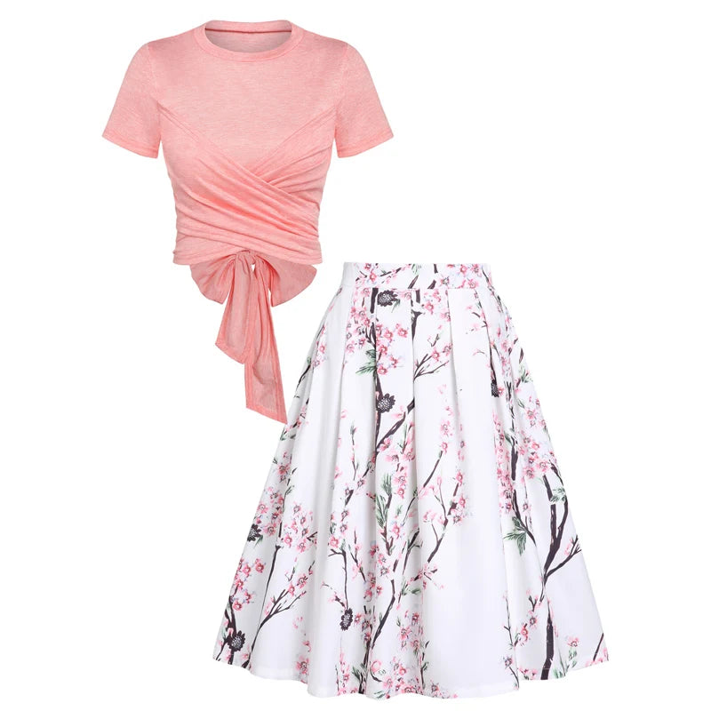 Cut-Out Surplice Bowknot T-Shirt with Floral Lace Overlay High-Low Skirt | Two-Piece Bicolor Outfit