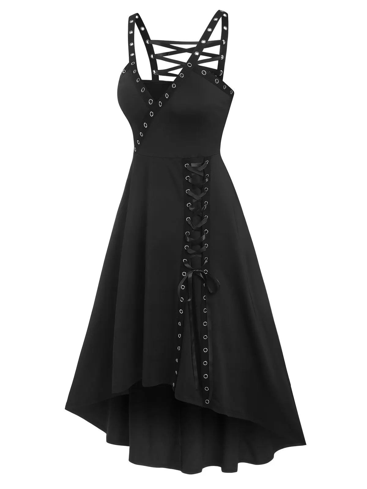 2024 Women's Black Gothic Dress – Eyelet Lace-Up, Surplice Plunging Neckline, High-Low Punk Sleeveless Midi A-Line Dress