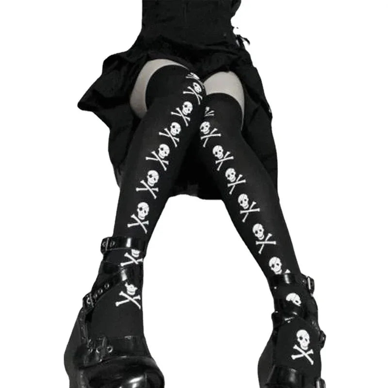 Skull Bat Gothic Dark Thigh High Stockings – Women’s Spider Harajuku Emo Alternative Tights, Sexy Lingerie Skin Hosiery