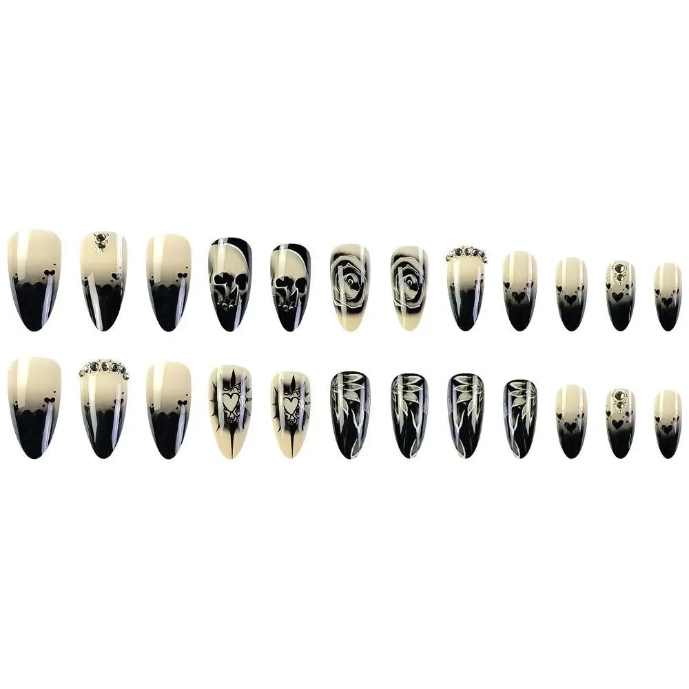 24pcs Rose Rhinestone Halloween Skull Fake Nails Full Cover Detachable Press on Nails Wearable Long Length False Nail