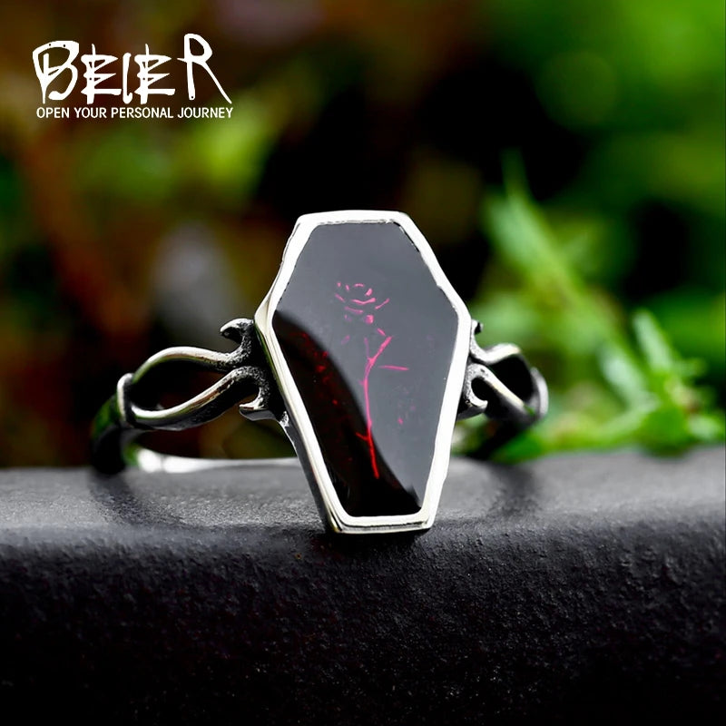 BEIER 2023 New Design Stainless Steel Coffin Flower Ring Resin Ring Women Ring Accessories Cool Boy Gift Biker Jewelry