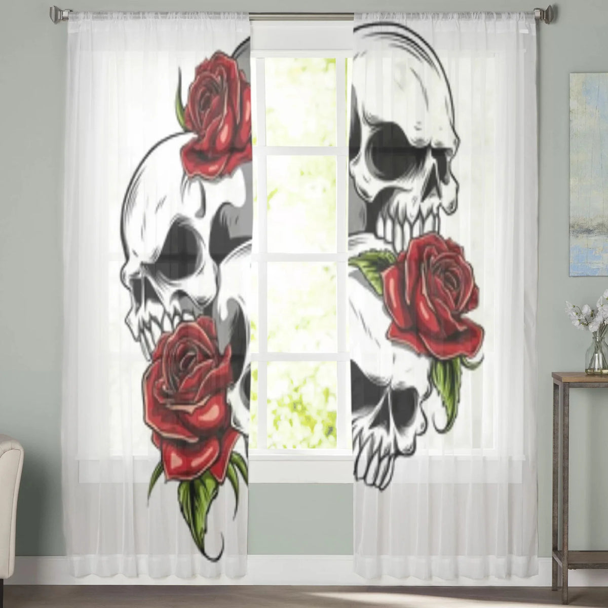 Skull with Roses Chiffon Sheer Curtains - Tulle Drapes for Living Room and Bedroom Decoration