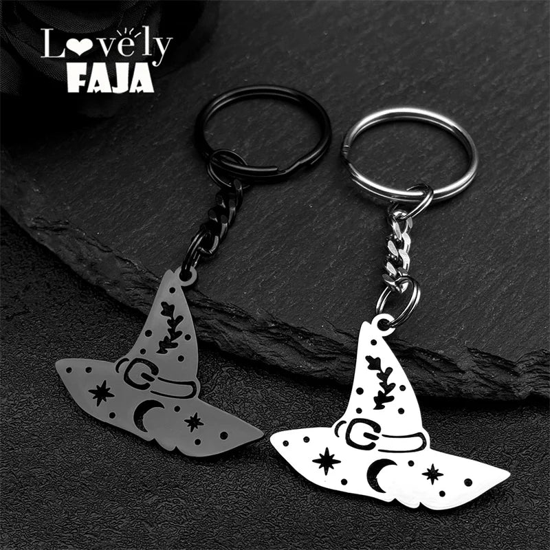 Stainless Steel Witch Hat Star Moon Snowflake Keychain – Silver Halloween Gift for Women & Men