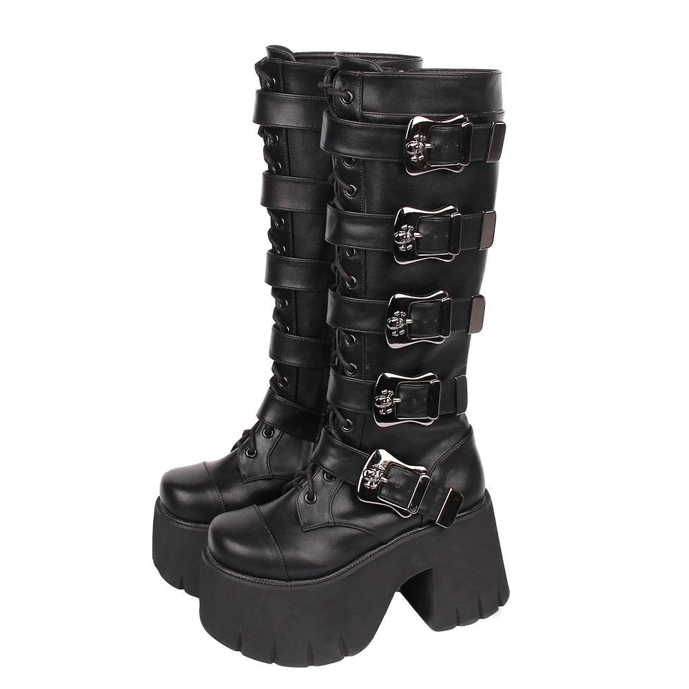 Angelic imprint Women punk motorcycle boots lady Boots woman high trifle heel pumps platform shoes 10cm buckles plus size 33-47