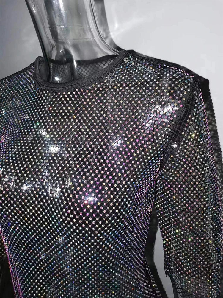 Mesh Crystal Coated Rhinestone Drilling Fishnet Party Top For Women