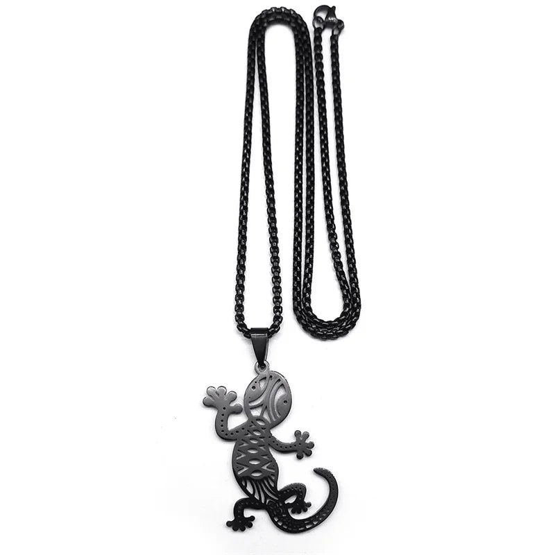 Gothic Lizard Gecko Pendant Necklace – Black Stainless Steel Animal Chain for Women and Men