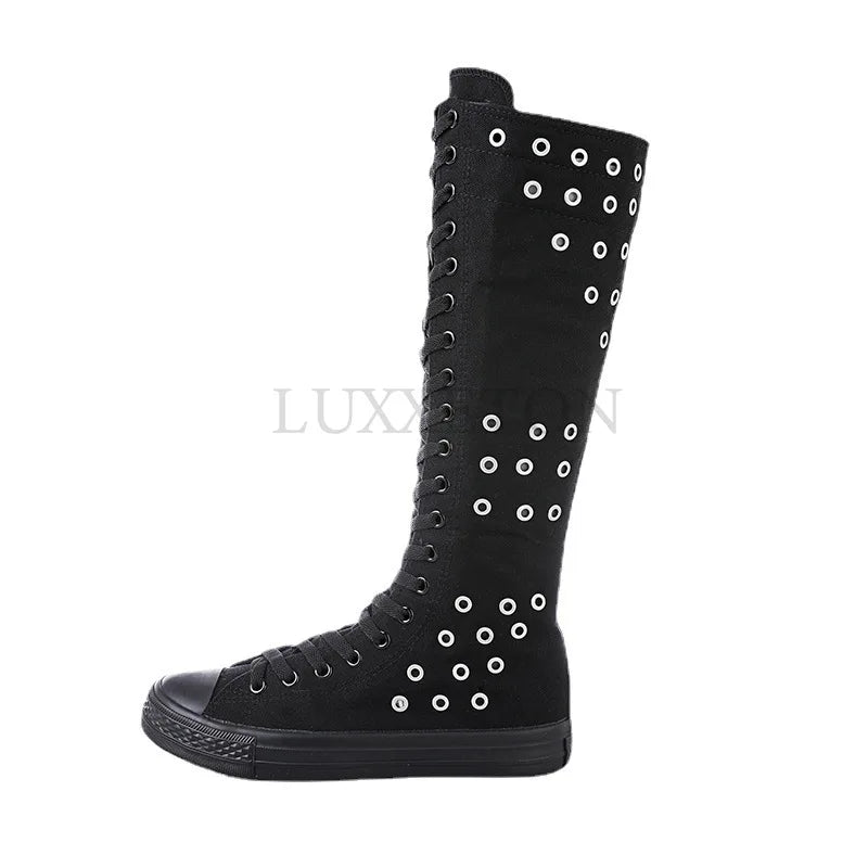 Women’s Canvas Casual High Top Sneakers - Lace-Up Zipper Comfortable Flat Boots