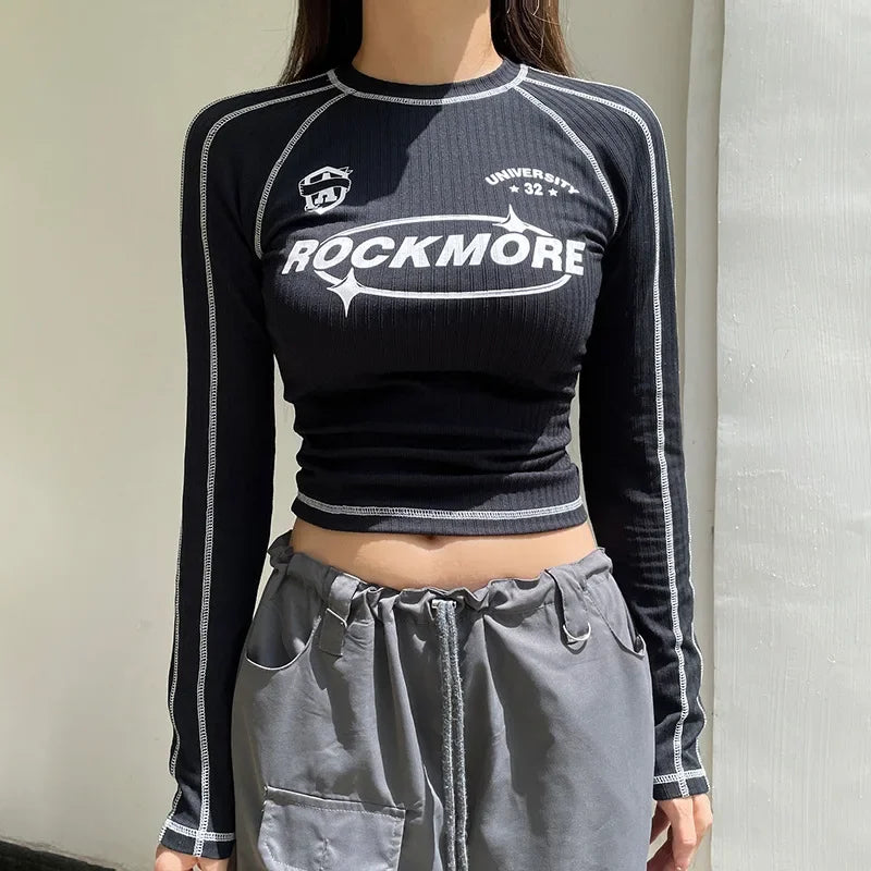 ALTGOTH Streetwear Black Slim Y2K Crop Top - Women's Aesthetic Letter Print Round Neck Long Sleeve T-Shirt, Graphic Grunge Clothing